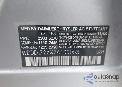 2007 Mercedes-Benz Cls 550 z USA, uszkodzony, nr VIN WDDDJ72XX7A100053